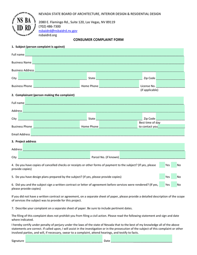 Consumer Complaint Form screenshot
