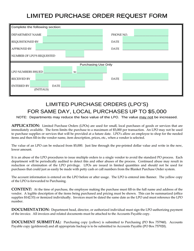 LIMITED PURCHASE ORDER REQUEST FORM screenshot