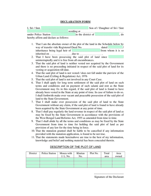 Declaration Form screenshot