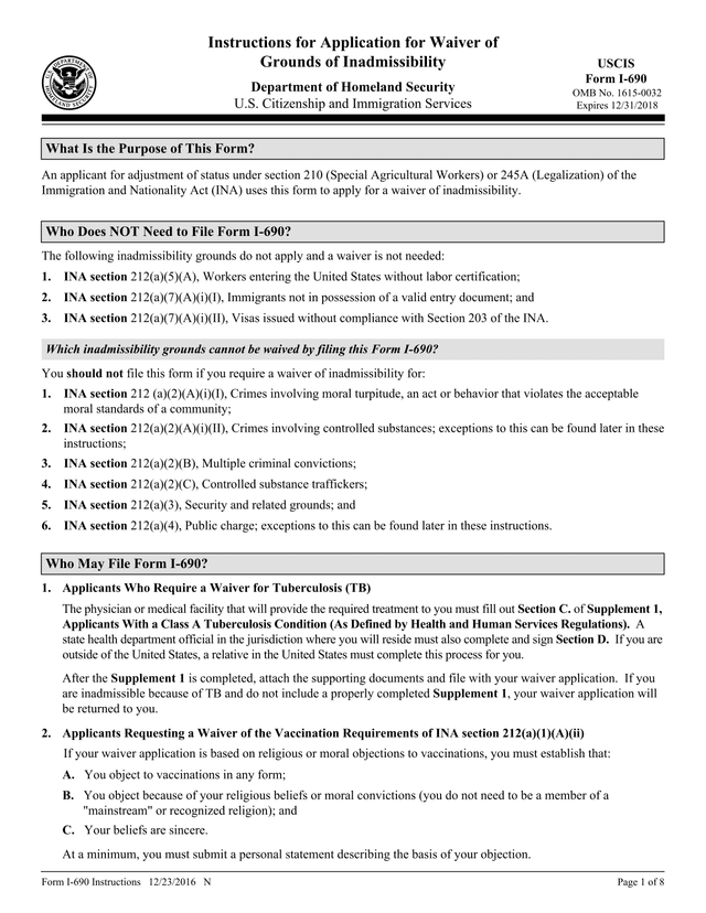 Form I 690 Instructions screenshot