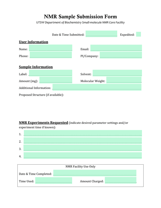 NMR Sample Submission Form screenshot