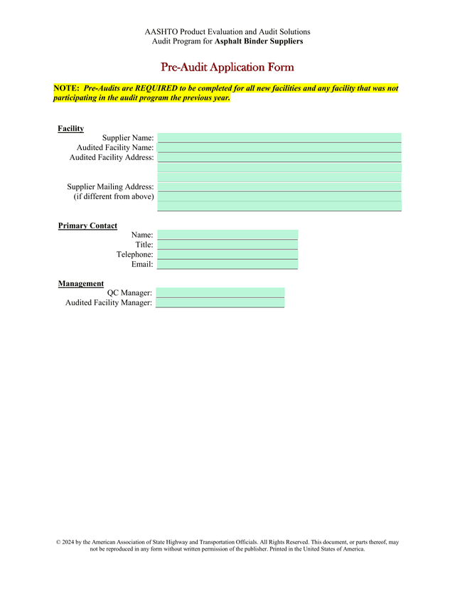 Pre Audit Application Form screenshot