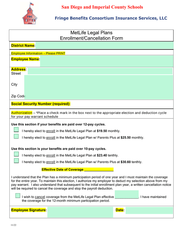 MetLife Legal Plans EnrollmentCancellation Form screenshot