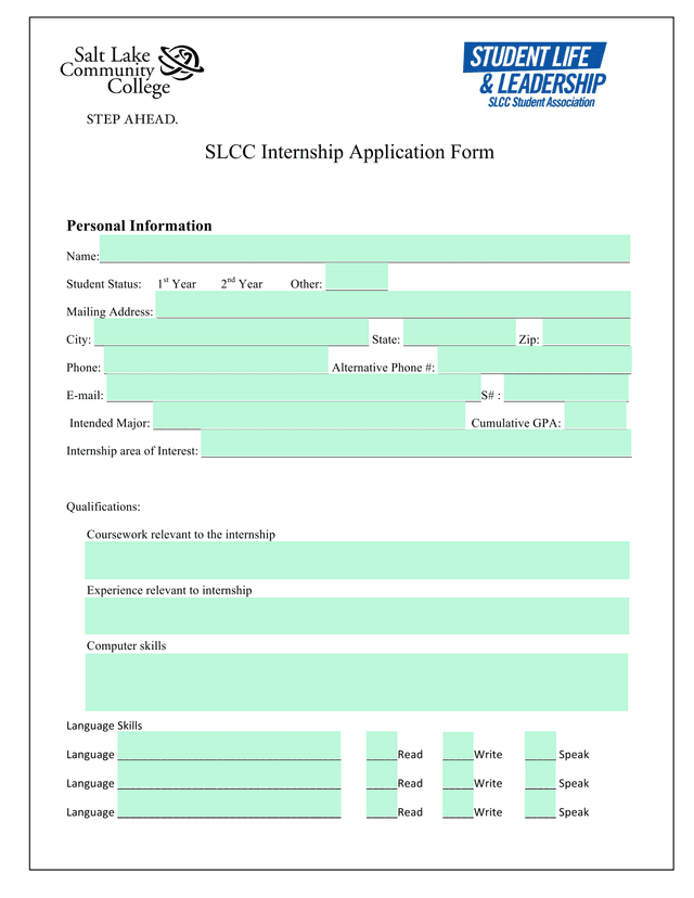 SLCC Internship Application Form screenshot