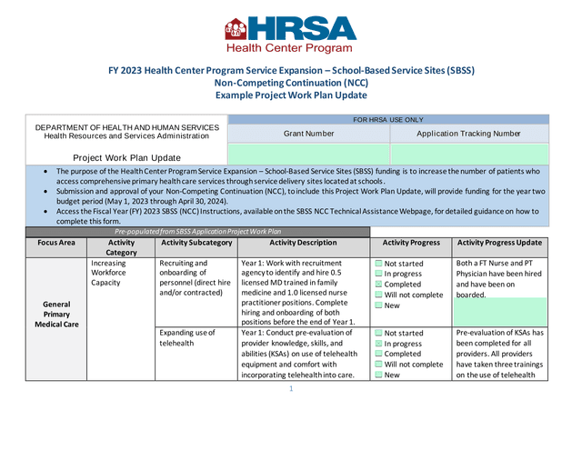 FY 2023 Health Center Program Service Expansion  School Based Service Sites (SBSS) Non Competing Con screenshot