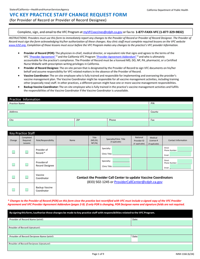 VFC Key Practice Staff Change Request Form screenshot