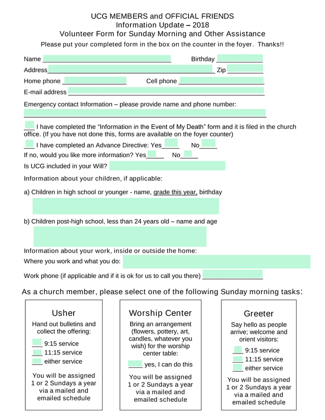 UCG MEMBERS And OFFICIAL FRIENDS Information Update  2018 Volunteer Form For Sunday Morning And Othe screenshot