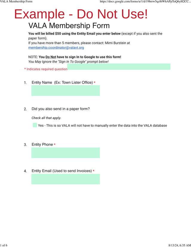 VALA Membership Form screenshot