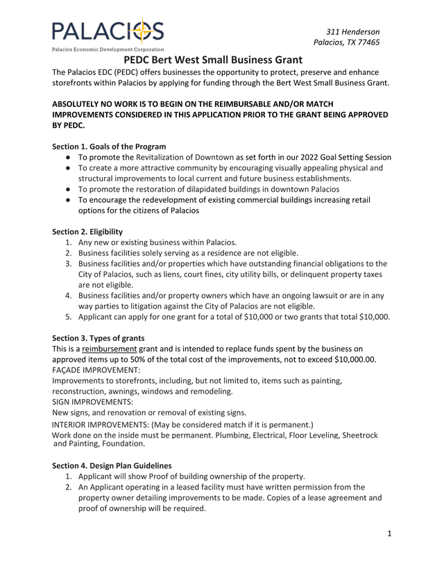 PEDC Bert West Small Business Grant screenshot