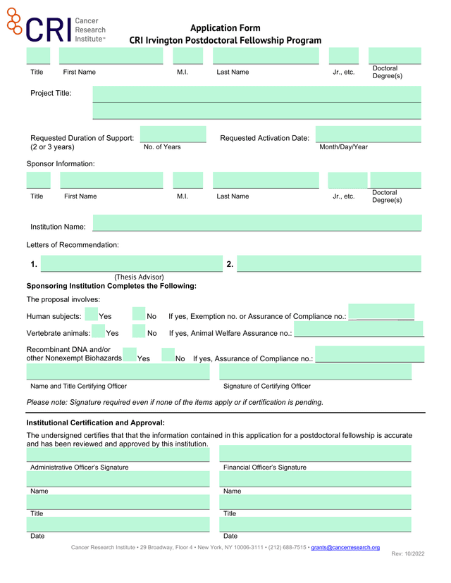 CRI Irvington Postdoctoral Fellowship Program Application Form screenshot