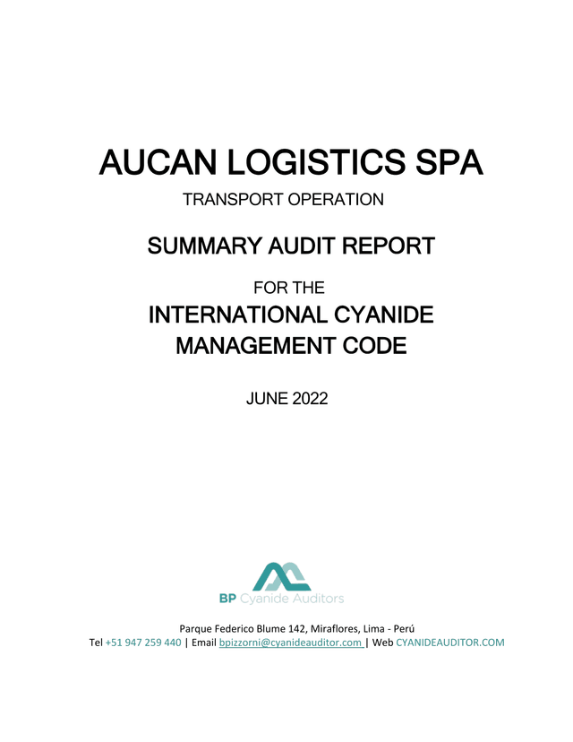 Summary Audit Report For The International Cyanide Management Code screenshot