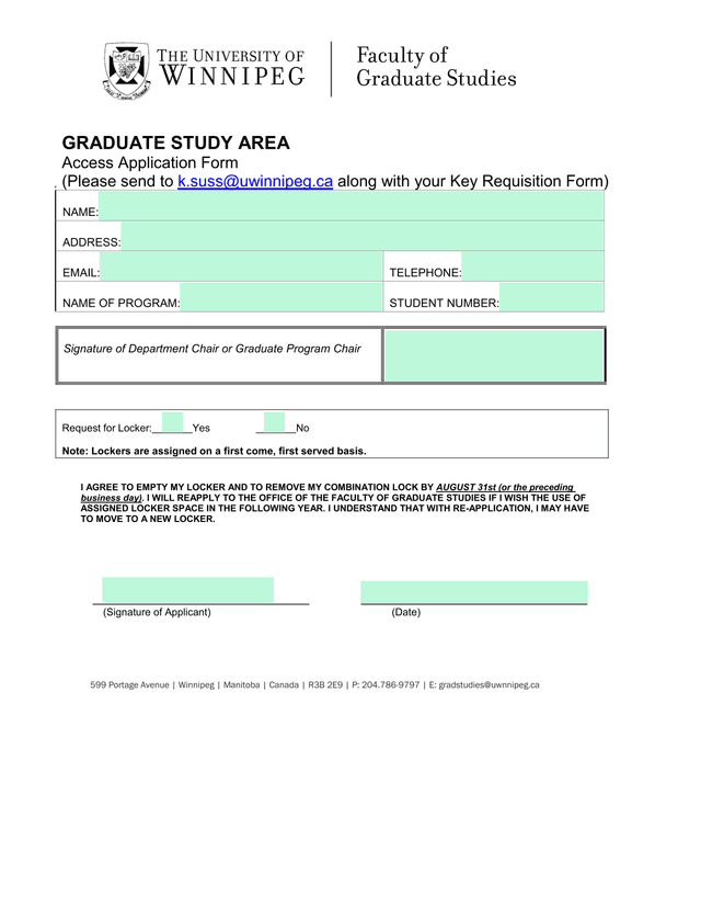 Graduate Study Area Access Application Form screenshot