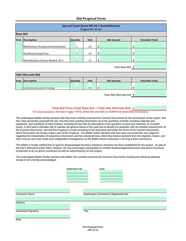 Bid Proposal Form screenshot