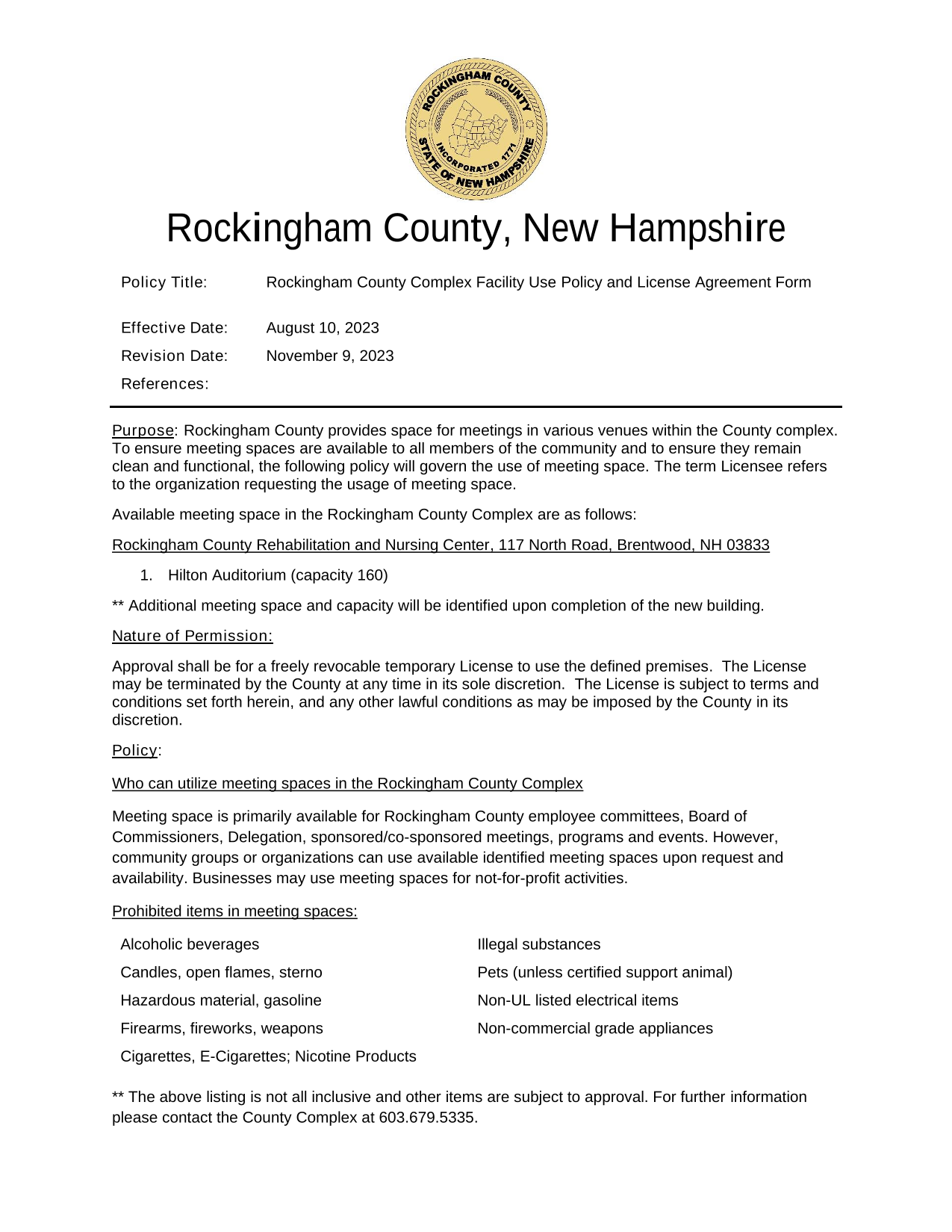 Rockingham County Complex Facility Use Policy And License Agreement Form screenshot