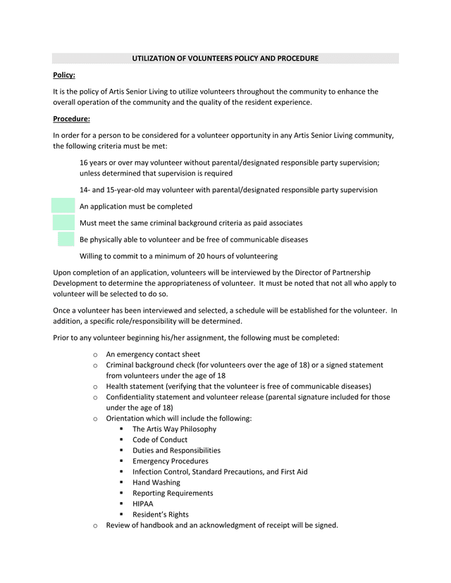 UTILIZATION OF VOLUNTEERS POLICY AND PROCEDURE screenshot