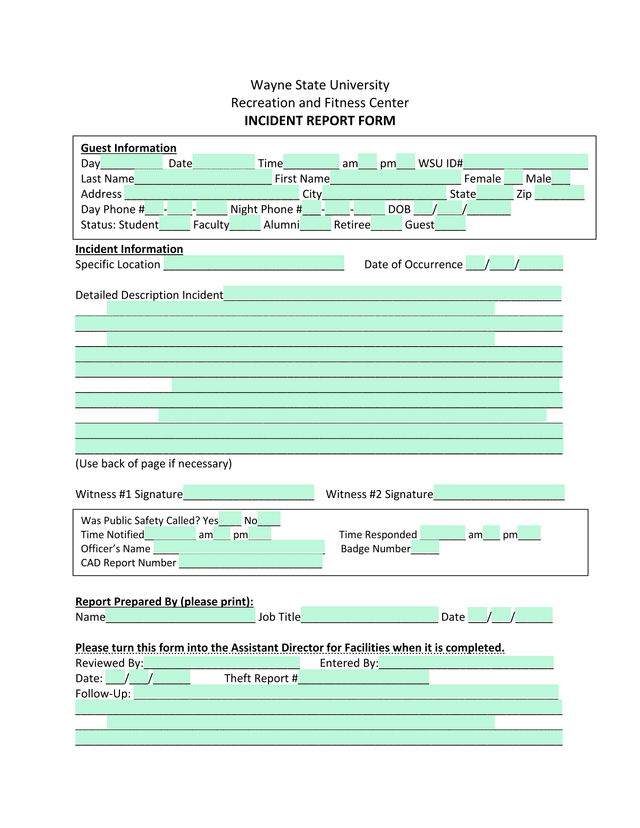 Wayne State University Recreation And Fitness Center Incident Report Form screenshot