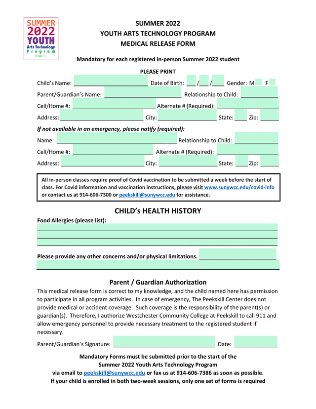 Summer 2022 Youth Arts Technology Program Medical Release Form screenshot