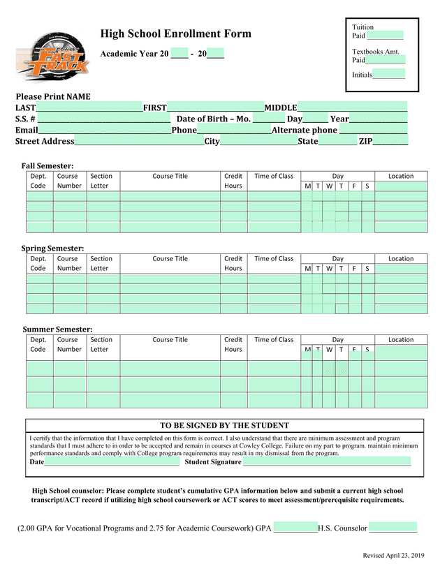 High School Enrollment Form screenshot