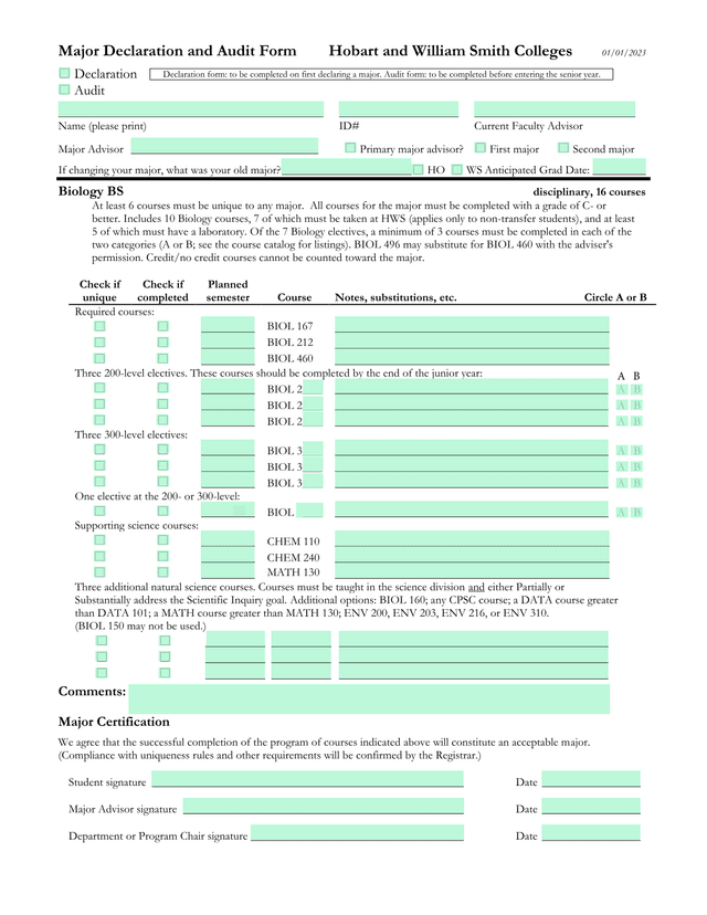 Major Declaration And Audit Form screenshot