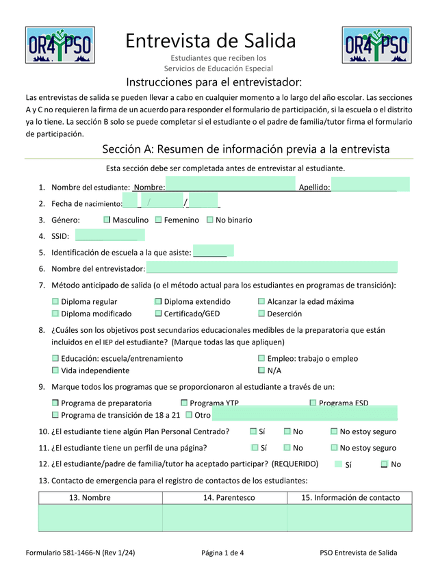 Formulario 581 1466 N Entrevista De Salida   Estudiantes Que Reciben Los Servicios De Educacin Espec screenshot
