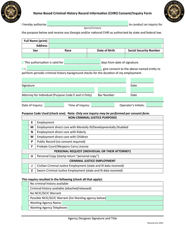 Name Based Criminal History Record Information (CHRI) ConsentInquiry Form screenshot