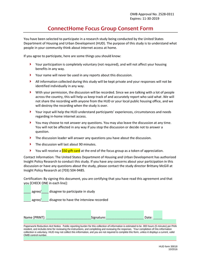ConnectHome Focus Group Consent Form screenshot