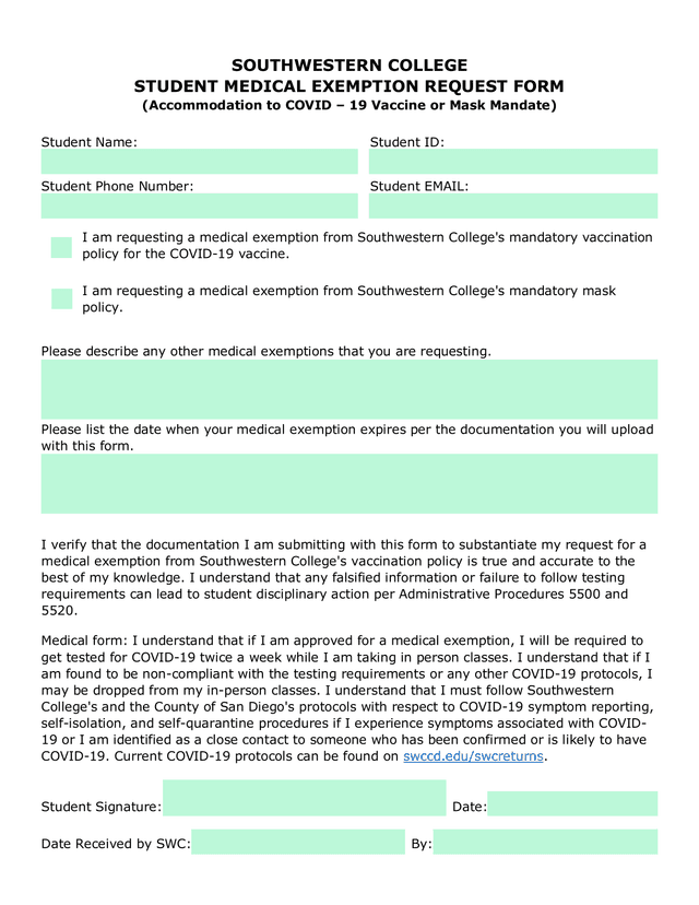 Student Medical Exemption Request Form screenshot