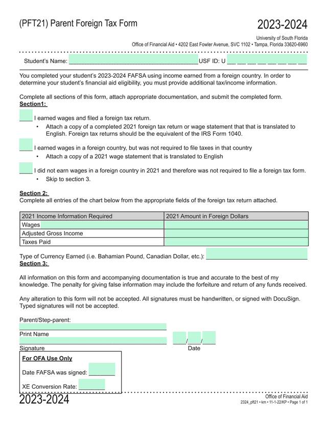 PFT21) Parent Foreign Tax Form screenshot