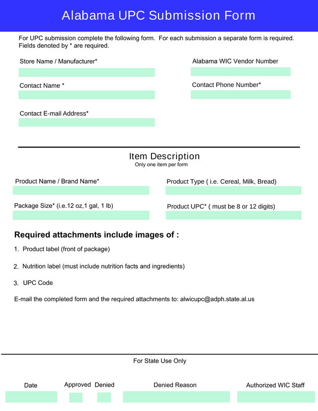 Alabama UPC Submission Form screenshot