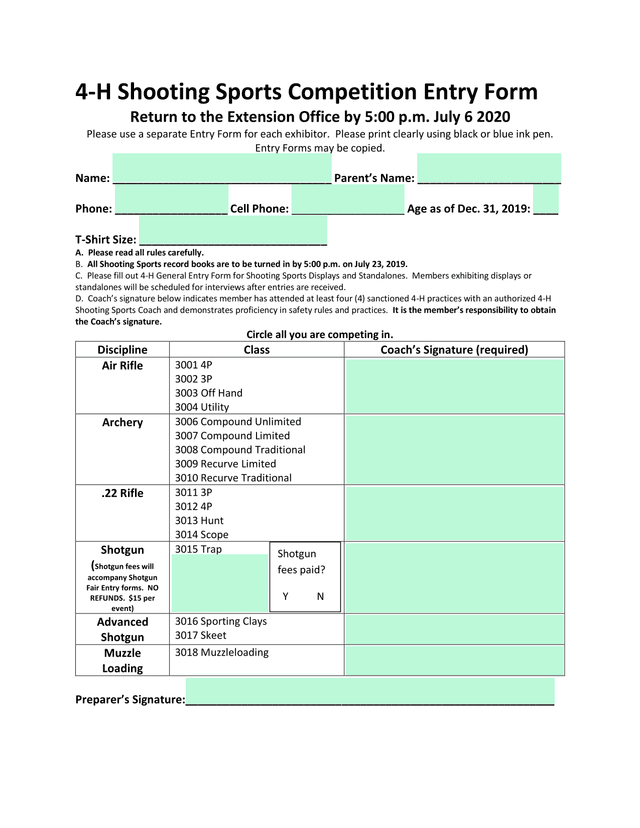 4 H Shooting Sports Competition Entry Form screenshot