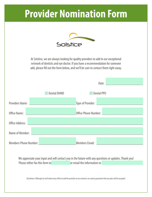 Provider Nomination Form screenshot