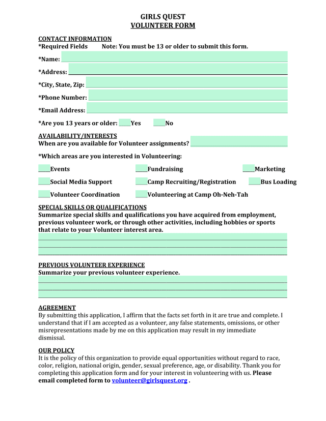 GIRLS QUEST VOLUNTEER FORM screenshot