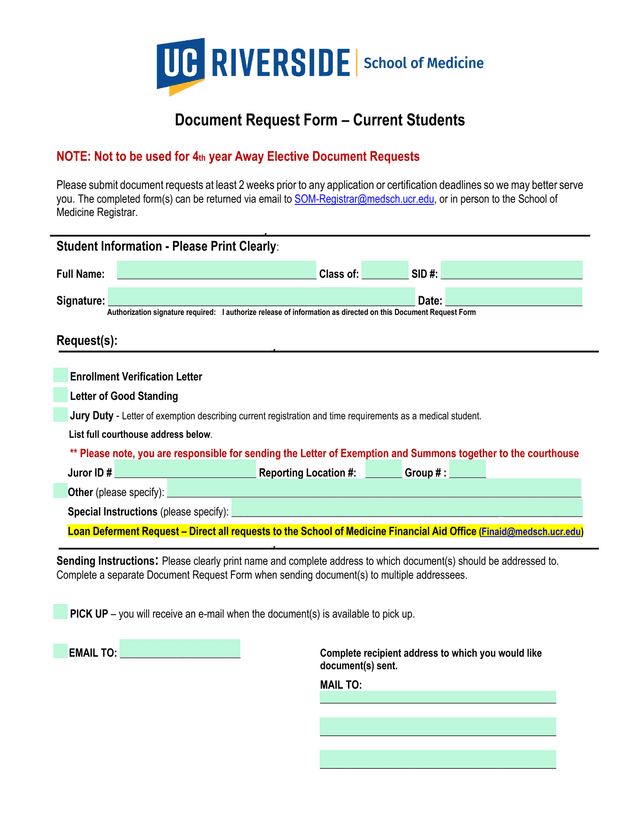 Document Request Form  Current Students screenshot