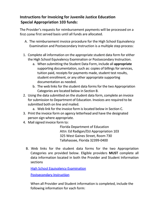 Instructions For Invoicing For Juvenile Justice Education Special Appropriation 103 Funds screenshot
