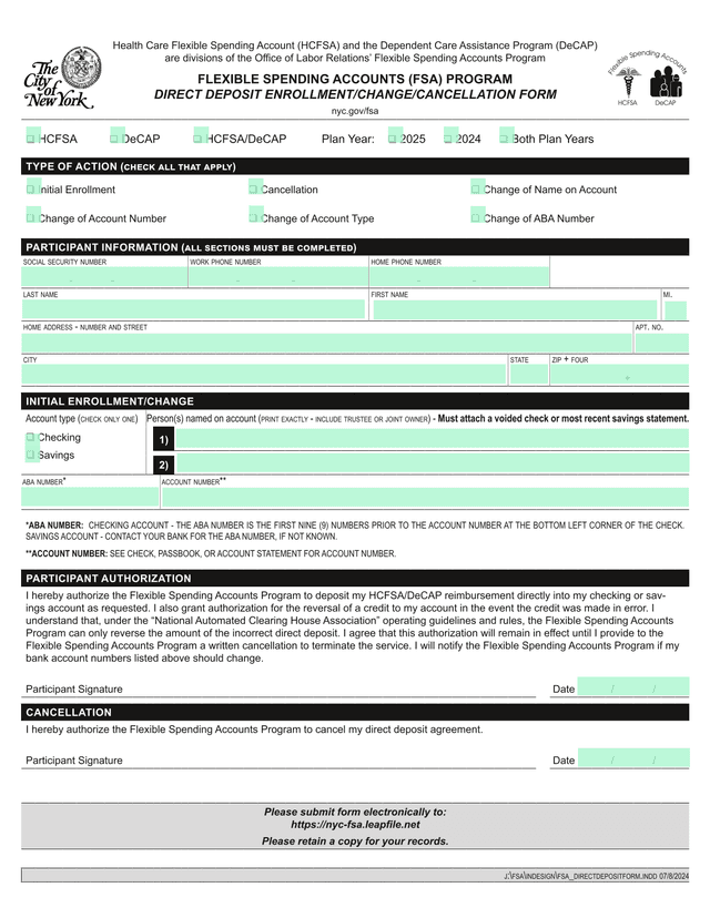 Flexible Spending Accounts (FSA) Program Direct Deposit EnrollmentChangeCancellation Form screenshot