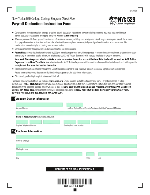 New YorkS 529 College Savings Program Direct Plan Payroll Deduction Instruction Form screenshot