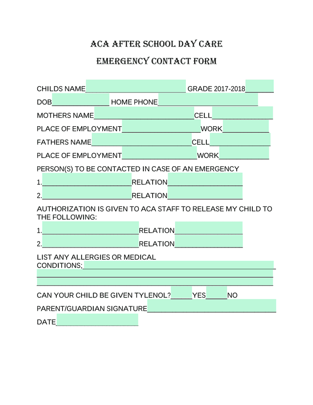 ACA After School Day Care Emergency Contact Form screenshot