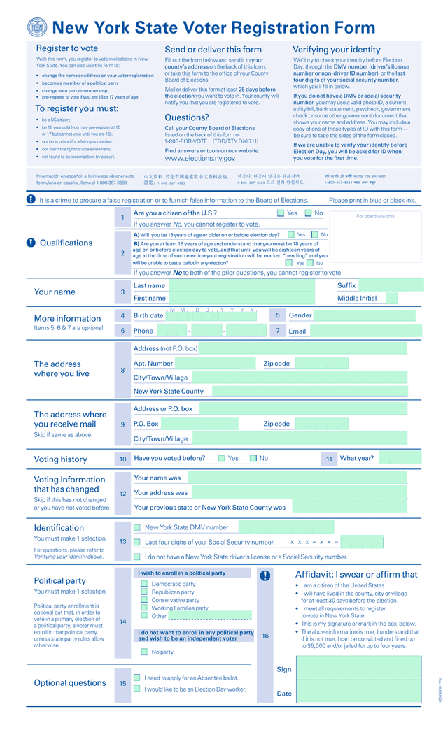 New York State Voter Registration Form screenshot