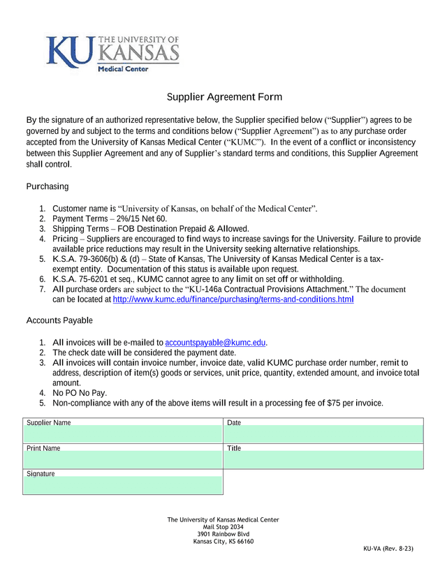 Supplier Agreement Form screenshot