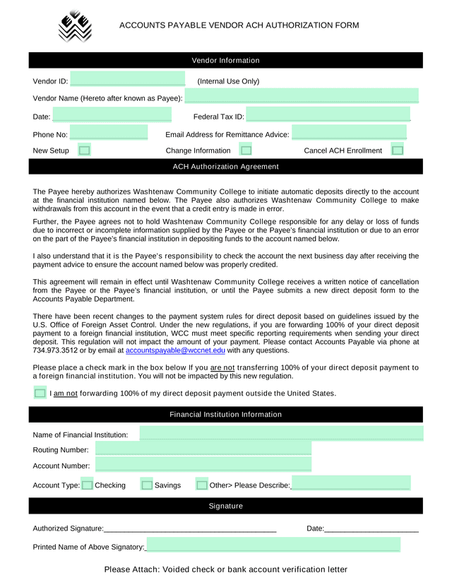 Accounts Payable Vendor ACH Authorization Form screenshot