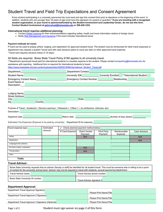 Student Travel And Field Trip Expectations And Consent Agreement screenshot