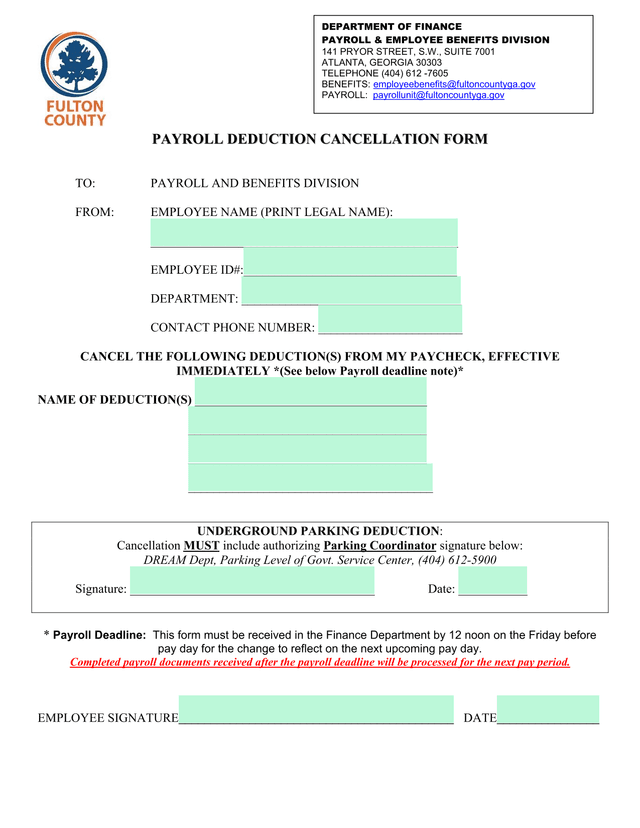 Payroll Deduction Cancellation Form screenshot