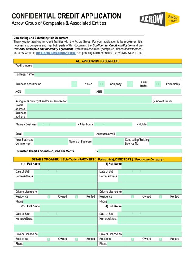 Confidential Credit Application screenshot