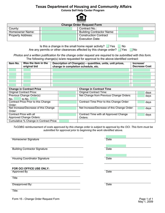 Form 15   Change Order Request Form screenshot