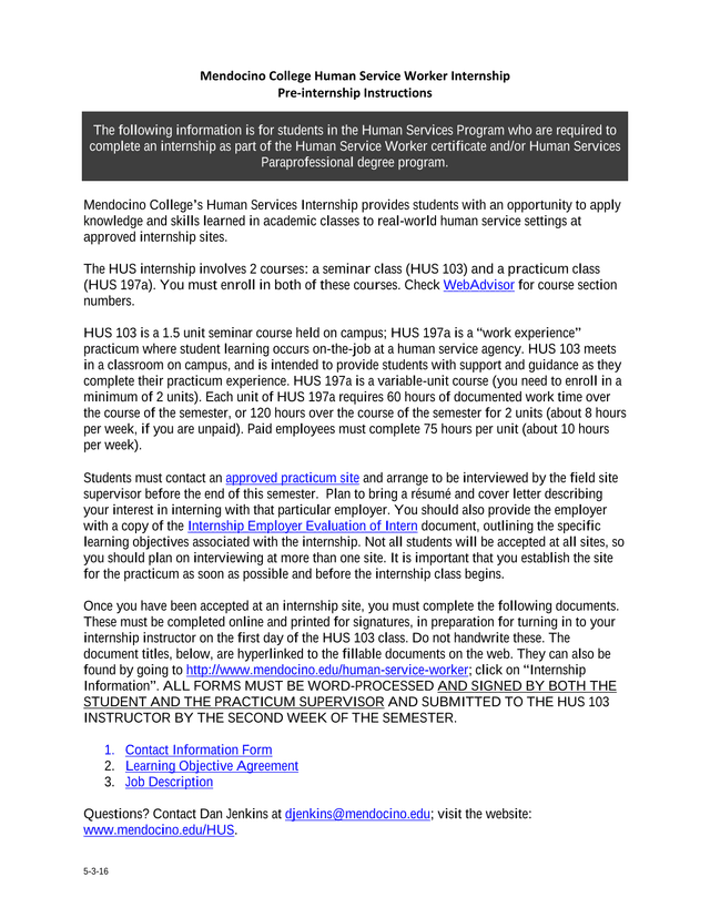 Mendocino College Human Service Worker Internship Pre Internship Instructions screenshot
