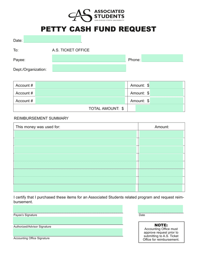 Petty Cash Fund Request screenshot