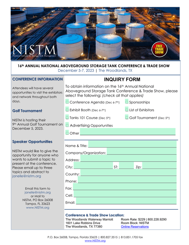16th Annual National Aboveground Storage Tank Conference  Trade Show Inquiry Form screenshot