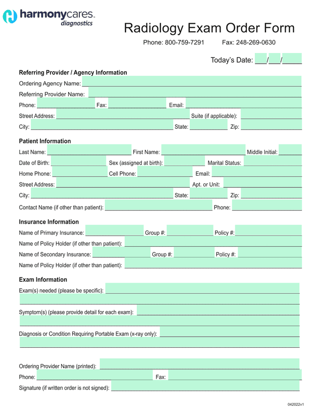 Radiology Exam Order Form screenshot