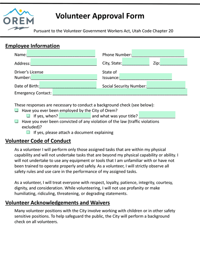 Volunteer Approval Form screenshot