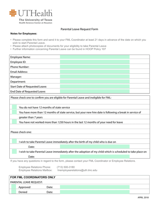 Parental Leave Request Form screenshot
